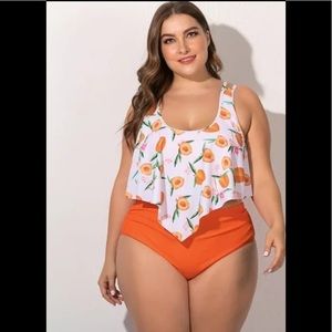 Plus size 2pcs set women biki the very high quality swimming printed ruffle peac